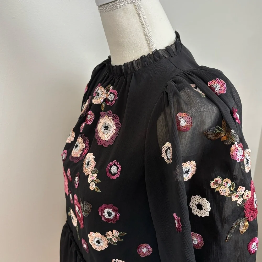 Kate Spade X Madison Avenue Top Womens XXS Black Sequin‎ Floral Blouse